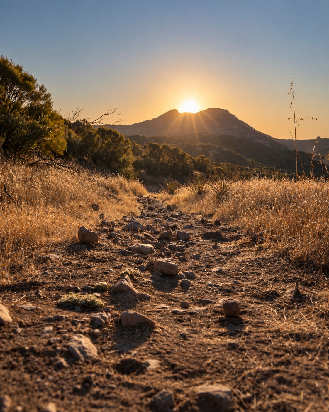 Rocky trail leading to sunset over peak, Mishe Mokwa Trail
