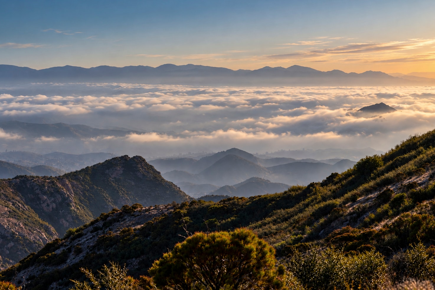 Sea of clouds below mountains at sunrise, Mishe Mokwa Trail