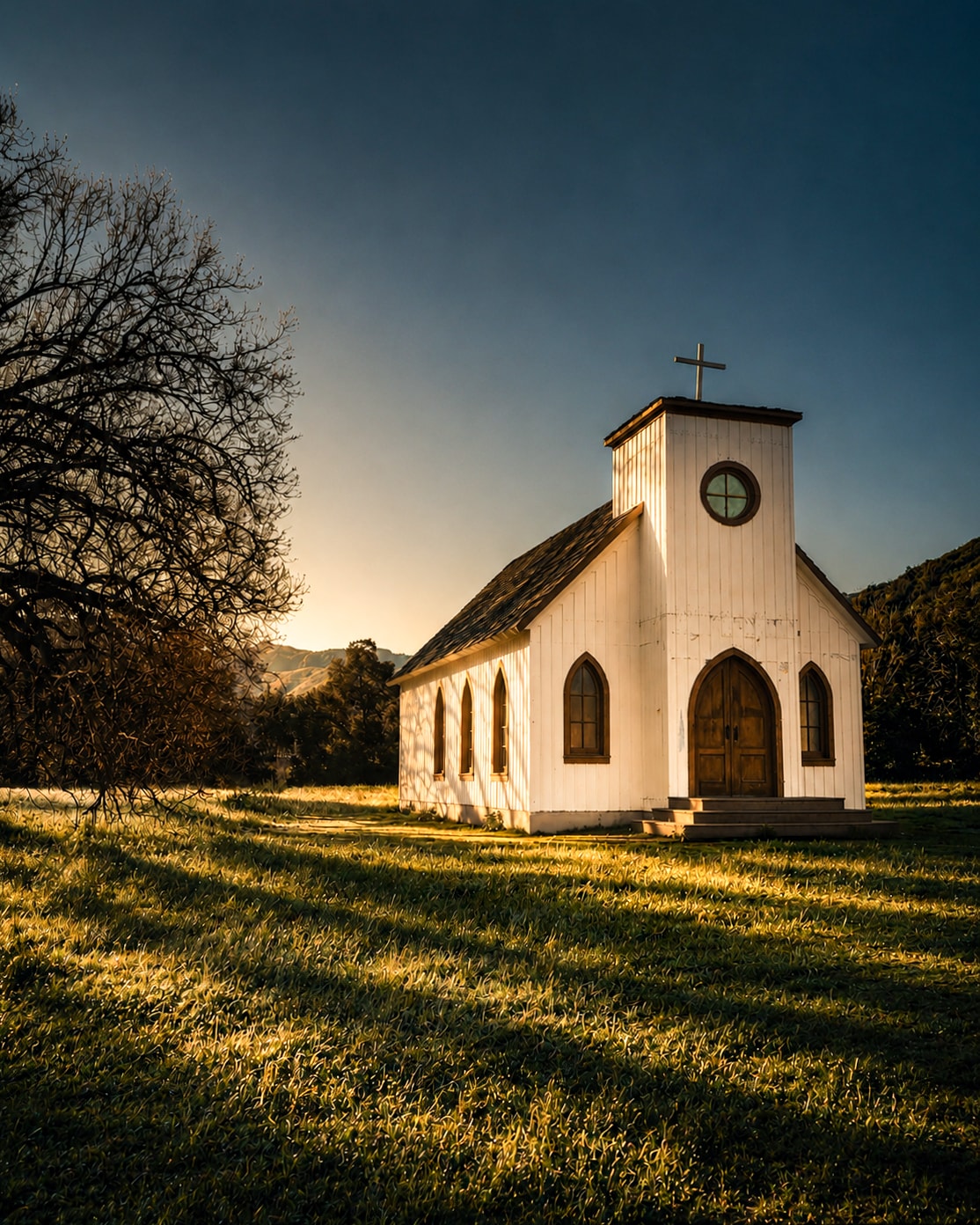 White country church at golden hour in open field